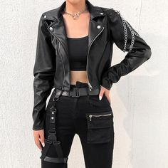 Punk Chain Leather Jacket - Vedlit Punk Chains, Modele Fitness, Womens Black Shorts, Leather Jacket Outfits, 2020 Fashion, Faux Leather Jacket, Black Leather Jacket, Edgy Outfits, Teen Fashion Outfits