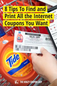 a person holding a cell phone in front of a shopping cart with tide coupons on it