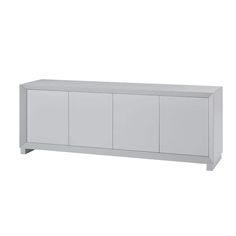 the sideboard is white and has three doors on one side, two drawers on the other