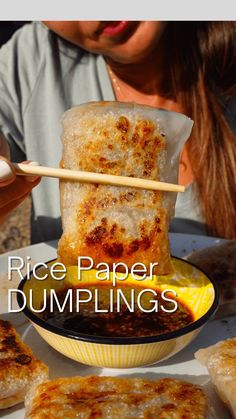 rice paper dumplings in a bowl with chopsticks