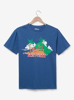 Hop aboard the Hawaiian roller coaster ride with this scenic tee! This Lilo & Stitch shirt features a print of the lush island of Kauai  with Lilo and Stitch relaxing on a beachside hammock. "Hawaii" is printed below the palms  adding a tropical touch to your next vacation  beach visit  or trip to the Disney Parks!A BoxLunch Exclusive!Cotton Listed in unisex sizes Wash cold with like colors; dry low Do not iron over print Imported Graphic Print Tops For Summer Disney Trips, Disney Trips Graphic Print Crew Neck T-shirt, Vacation Graphic Tee With Front Print, Blue Graphic T-shirt For Disney Trips, Casual Tops For Disney Trips In Summer, Casual Graphic T-shirt For Disney Trips, Casual Graphic Print T-shirt For Disney Trips, Casual Tops For Summer Disney Trips, Casual Summer Tops For Disney Trips