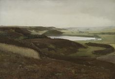 an oil painting of a hilly landscape with a lake in the distance