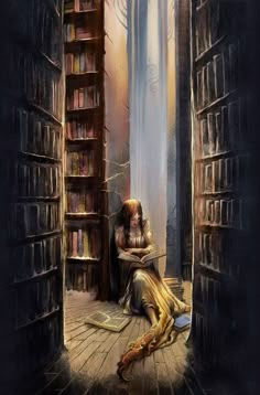 a painting of a woman sitting in front of a bookshelf filled with books