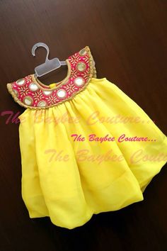 Western cut indian embroidery Bandhani Dress Pattern, Yellow Frock, Baby Frock Design, Bandhani Dress