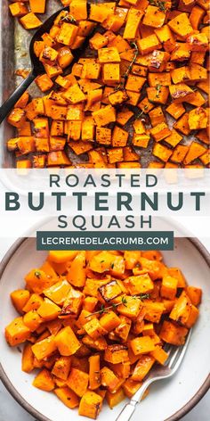 roasted butternut squash in a white bowl with a serving spoon on the side and text overlay that reads roasted butternut squash