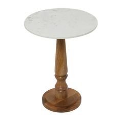 a white marble top table with wooden base on an isolated white background for use as a side table