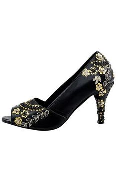 Black faux leather peep-toe heels hand crafted with black beads and antique gold sequin embroidery. 
Composition: Faux leather
Color: Black
Work: Embroidered
Open toe
Sequin accents
Heel height (in inch): 4 - Aza Fashions Elegant Festive Heels For Evening, Elegant Evening Heels For Festive Occasions, Elegant Festive Evening Heels, Festive Open Toe Evening Heels, Traditional High Heel Evening Heels, Black Embroidered Evening Heels, Traditional High Heels For Evening, Traditional Evening Heels, Embroidered Heels For Evening