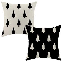 two black and white pillows with trees printed on the front, one has a square pillow