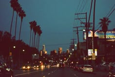 a city street at night with palm trees in the foreground and cars driving on the road