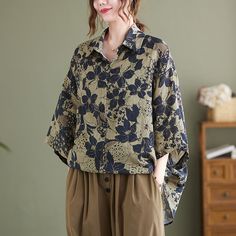 Details: Gender: Women Item Type: Blouse Material: Cotton Linen Pattern Type: Floral Season: Summer Style: Leisure, Daily, Retro Occasion: Going Out, Daily Size: One Size Length: 77.00 cm/ 30.31 " Bust: 138.00 cm/ 54.33 " Shoulder: 55.00 cm/ 21.65 " Sleeve: 29.00 cm/ 11.42 " Fall Printed Short Sleeve Blouse, Fall Season Printed Short Sleeve Blouse, Oversized Casual Floral Print Blouse, Oversized Floral Print Blouse, Fall Floral Print Half Sleeve Blouse, Spring Oversized Printed Blouse, Oversized Printed Spring Blouse, Oversized Printed Blouse For Spring, Green Batwing Sleeve Blouse