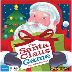 the santa claus game is on display in front of a christmas tree with an open gift box