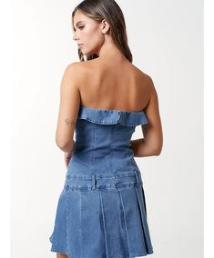 Stretch denim ruffle detail pleated mini dress Denim tube dress Back zip closure 85% Cotton | 13% Poly | 2% Spandex Medium Wash Mini Dress For Date Night, Trendy Fitted Pleated Mini Dress, Fitted Medium Wash Denim Dress With Ruffles, Fitted Denim Dress With Ruffles, Medium Wash Mini Dress With Ruffles, Trendy Denim Mini Dress With Ruffles, Denim Blue Mini Dress With Ruffles, Fitted Mini Denim Dress With Ruffles, Fitted Knee-length Denim Dress With Ruffles