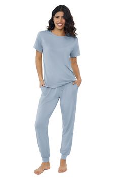 PRICES MAY VARY. 【VISCOSE FABRIC】Our jogger pajama set is made from 95% Viscose made from Bamboo and 5% spandex. Cooler than cotton, Softer than cotton, comfort than silk. 【ZERO RESTRAINTS】This Silky-Smooth Cooling Pajamas Set with excellent drape and elasticity is perfect for an easygoing, unrestrictive feel, fit a range of bodies, so you can unwind while looking your very best. 【CHIC DESIGN FEATURES】This soft pajama top features round neck, short sleeve.Pajamas pant feature adjustable drawstri Bamboo Pajamas For Women, Solid Color Sleepwear Long Pants For Loungewear, Solid Color Long Pants Sleepwear For Loungewear, Solid Color Crew Neck Sleepwear For Loungewear, Casual Relaxed Fit Pant Set For Loungewear, Relaxed Fit Sleep Set With Long Pants, Relaxed Fit Sets With Long Pants For Relaxation, Relaxed Fit Long Pants Set For Relaxation, Relaxed Fit Bedtime Sets With Long Pants