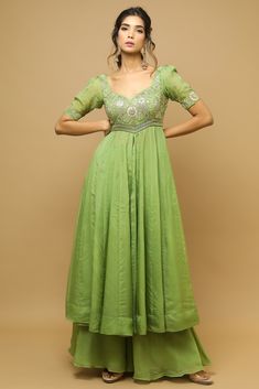 Parrot Green Embellished Kurta Set by AHI CLOTHING at Pernia's Pop Up Shop 2024 Friend Marriage Outfit Indian, New Kurti Designs 2024 Latest Party Wear, Palazzo Designs Latest, Anarkali Designs Latest, Fancy Kurti Designs Latest, Kurti Patterns Latest, Organza Kurti Designs Latest, Vision List, Frock Models