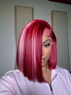 Red Wig Ideas, Pink And Red Ombré Wig, Valentine Wig Hairstyles, 12 Inch Wig Hairstyles, Pink And Red Hair Color, Bright Red And Pink Hair, Peak A Boo Pink Hair Color, Burgundy Bob With Bangs, Red Pinkish Hair