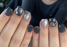 Grey Snowflake Nails, Gray Winter Nails, Winter Sparkle Nails, Winter Snowflake Nails, Grey Christmas Nails, Snowflakes Nails, Snowflake Nail Design, Grey Acrylic Nails, Short Acrylics