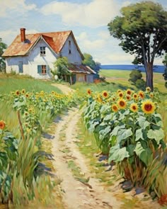 a painting of sunflowers in front of a country house