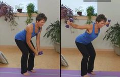 the woman is doing exercises with dumbbells in front of her face and back