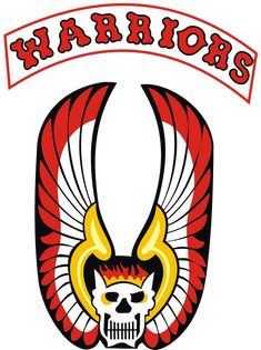 the warriors logo is shown with a skull and wings in red, white, and yellow