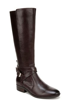 Buckled straps crisscross over the ankle of a knee-high leather boot furnished with a cushioned insole and lofted by a stacked heel. 1" heel (size 6) 14 1/2" shaft; 14 1/2" calf circumference. Regular calf 14 1/2" shaft; 16 1/4" calf circumference. Wide calf 14 1/2" shaft; 16 1/2" calf circumference. Stretches to fit extrawide calf Side zip closure with elastic gore inset Removable, cushioned insole with Contour+ technology Leather upper/textile lining/synthetic sole Imported Leather Tall Boots, Tall Leather Boots, Knee High Leather Boots, Leather Boot, Tall Boots, Stacked Heel, Boot Shoes Women, Leather Working, Knee High Boots