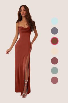 a woman in a long dress standing next to color swatches and the image has an oval