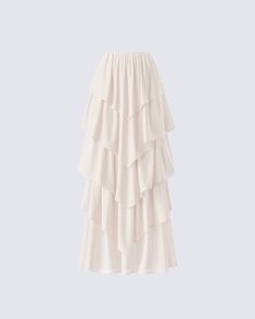 5 layers of drama 😌 Twirl into perfection in this cream maxi skirt made from crepe georgette fabric complete with an asymmetrical waistline, tiered ruffles, and an elastic waistband 🤍 Cream Maxi Skirt, Layered Maxi Skirt, Music Video Outfits, Asymmetrical Maxi Skirt, Spring Fling Dress, Eras Outfits, Ruffle Maxi Skirt, Charmeuse Fabric, Badass Style