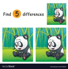 the panda is sitting in front of bamboo trees and has five different expressions to describe