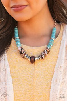 Earthy, desert-inspired designs are what the Simply Santa Fe collection is all about. Natural stones, indigenous patterns, and vibrant colors of the Southwest are sprinkled throughout this trendy collection. Includes one of each accessory featured in the Simply Santa Fe Trend Blend in March's Fashion Fix: Necklace: "Desert Tranquility" (P2SE-BLXX-401TD) Earring: "Serenely Southwestern" (P5SE-BLXX-234TD) Bracelet: "Trail Treasure" (P9SE-SVXX-115TD) Ring: "Bountiful Deserts" (P4SE-BLXX-184TD) SSF- March Fashion, Blue Turquoise Necklace, Wood Bead Necklace, Necklace Patterns, Trendy Collection, Paparazzi Accessories, Paparazzi Jewelry, Blue Necklace, Silver Accents