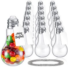 PRICES MAY VARY. Shaped Design: the plastic containers for party favors are designed with light bulb shape, with silver lids and flat bottom, which are cute and stable to stand on your table, can be filled with candies and goodies for your families and guests, and can be carried away with convenience Suitable for Multiple Items: you can put plenty of small items, not only your candies, but also your flowers, green plants, seeds and little fishes into the jar, which can meet their living environm Drink Party Favors, Light Bulb Storage, Lightbulb Ornaments, Plastic Candy Jars, Diy Light Bulb, Clear Christmas Ornaments, Christmas Party Crafts, Light Bulb Crafts, Christmas Ornament Storage