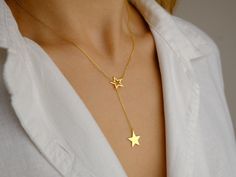 14k Gold Personalized Minimal Initial Star Lariat Necklace *  Handmade Lariat Jewelry * Customized Dainty Y Necklace * Initial Drop Necklace * Gold Valentines Gift * Gift for Her  * Star Drop Initial Necklace * Gift for Wife * Personalized Gifts * Custom Name Gifts * Necklace for Women * Bridesmaid Jewelry * Minimalist Necklace * Celestial Jewelry ✿ The delicate stars harmonize in a simple yet meaningful dance, embodying unique connections and moments. It is an ideal gift for birthdays, annivers Lariat Necklaces With Star Charm For Gift, Lariat Necklace With Star Charm For Gift, Gift Lariat Necklace With Star Charm, Elegant Star Lariat Necklace Gift, Gold Tarnish-resistant Lariat Necklace Gift, Elegant Star-shaped Lariat Necklace Gift, Gold Lariat Necklace With Star Charm, Star-shaped Lariat Necklace With Adjustable Chain As Gift, Gold Tarnish-resistant Lariat Necklace