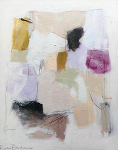 an abstract painting with white, yellow and purple colors on the bottom half of it