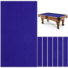 a blue pool table with six white pins in front of it and an image of the billiard