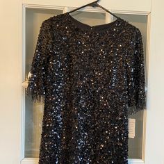 Nwt Taylor Black Label Black Sequin Dress With Bugle Beaded Fringe On Arm Hem And Bottom Hem. Black Embellished Sequin Dress For Date Night, Elegant Black Dress With Beaded Fringe, Glamorous Black Dress With Beaded Fringe, Special Ocassion Dresses, Grey Floral Dress, Cotton Corset, Pixie Dress, American Eagle Dress, Revolve Dresses