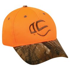 Domestic custom, 6 panel, polyester cap with brushed cotton/polyester twill fabric for the camo visor. Blaze colored with camo visor. Structured, pro style mid profile (B), pre-curved visor, self strap with buckle and grommet closure. One size fits most. Camo Designs, Brushed Cotton, Twill Fabric, Canvas Fabric, Trucker Hat, Camo, Buckle, ? Logo