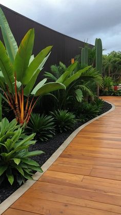 a wooden walkway surrounded by lush green plants and greenery next to a black wall