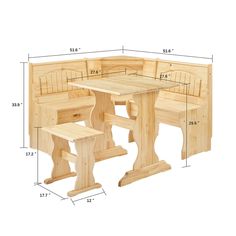 a wooden table and benches with measurements