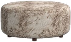 a round ottoman with wooden legs and an animal print pattern on the top, sitting in front of a white background