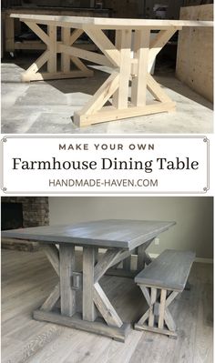 a table and bench made out of wood with text overlay that reads make your own farmhouse dining table