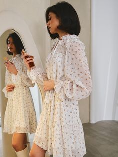 LICHI - Online fashion store :: Floral-printed A-line mini dress Long Sleeve Summer Dress, Long Sleeve Chiffon Dress, White Floral Print Dress, Spring Trends Outfits, Floral Print Dress Long, Floral Print Chiffon, Pleated Mini Dress, Pleated Bodice, Online Fashion Store