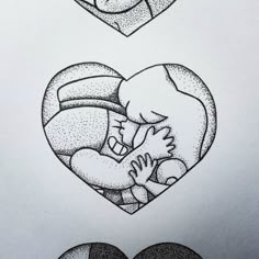 two heart shaped drawings with one holding the other's head and another drawing on paper