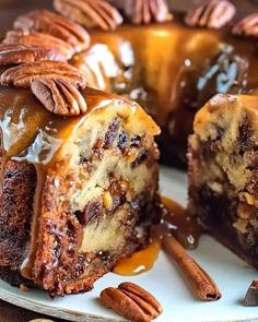 a bundt cake with pecans and caramel drizzled on top