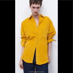 Zara Lined Button Fine-Waled Corduroy Shirt Tag Says Size S But Can Fit For L Or Xl Beautiful Mustard Color Trendy Fall Shirt With Snap Buttons, Fall Corduroy Shirt With Buttons, Trendy Fall Shirt With Buttoned Pockets, Trendy Shirt With Buttoned Pockets For Fall, Trendy Collared Corduroy Top, Trendy Corduroy Collared Tops, Solid Corduroy Tops With Button Closure, Corduroy Tops With Button Closure, Trendy Shirt With Buttoned Pockets