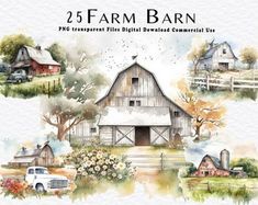 the farm barn watercolor clipart set is available for use on crafts, cards and more