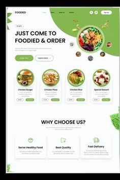 the website for food delivery is displayed in green and white colors, with an image of salad