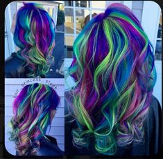 Teal And Rainbow Hair, Vivid Hair Color Ideas For Fall, Medium Hair Color Ideas Unique, Blue Green Black Hair, Rainbow Color Hair Ideas, Rain Bow Hair, Unique Vivid Hair, Purple Hair Green Highlights, Purple And Lime Green Hair