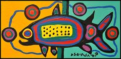 an abstract painting of a fish with circles and dots on it's body, painted in bright colors