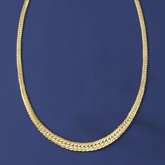 Ross-Simons - Italian 18kt Yellow Gold Graduated Cuban-Link Necklace. 18". This 18kt yellow gold Cuban-link necklace is the epitome of sleek, polished style. A subtle graduation takes place from 1/8" to 1/4" towards the center of the neck. Made in Italy. Lobster clasp, 18kt yellow gold Cuban-link necklace. Classic Herringbone Necklace With Box Chain For Formal Occasions, Formal Yellow Gold Necklace With Polished Finish, Gold Chain Necklace With Polished Finish For Everyday Luxury, Elegant Gold Herringbone Necklace With Curb Chain, Formal 14k Gold Chain Necklace With Polished Finish, Modern Yellow Gold Chain Necklace With Polished Finish, Formal Polished Snake Chain Necklace, Formal Yellow Gold Snake Chain Necklace, Classic Gold-tone Necklace For Formal Occasions