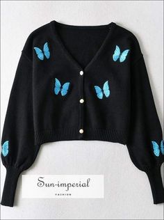 Women White V Neck Blue Butterfly Print Knit Cardigan with Long Balloon Sleeve and Pearl Buttons butterfly print women cardigan Imperial Fashion, Animal Clothing, Stylish Winter Outfits, Fashion Top Outfits, Cute Cardigans, Trendy Fashion Tops, Easy Trendy Outfits, Shirts Design, Fashion Design Clothes