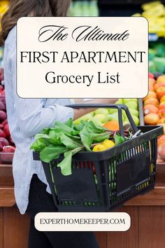 the ultimate first apartment grocery list with shopping basket full of fresh fruits and veggies