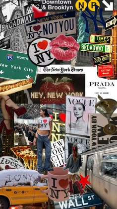 a collage of various images including signs, billboards, and people in the city